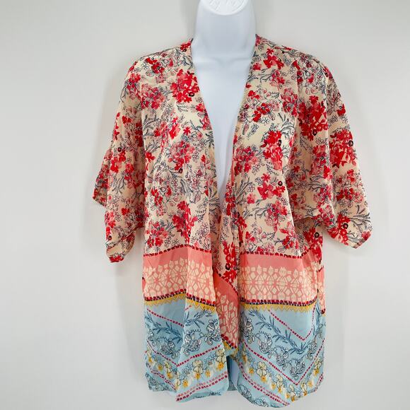 LIBERTY LOVE Pink Blue Boho Open Front Half Sleeve Cover Up Kimono Top S - Picture 1 of 8